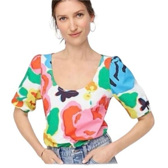 J. Crew Women's Floral Graphic Print Cotton Puff Sleeve Blouse Multicolor Size 8 - Picture 1 of 12